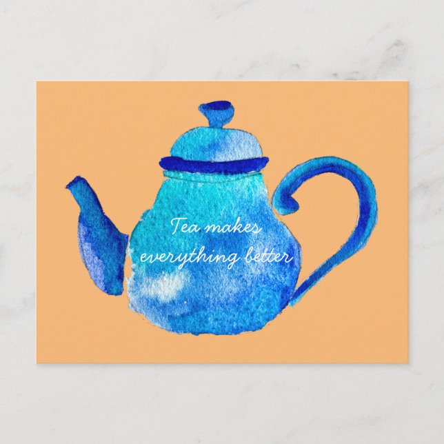 Colourful blue teapot watercolor postcard (Front)