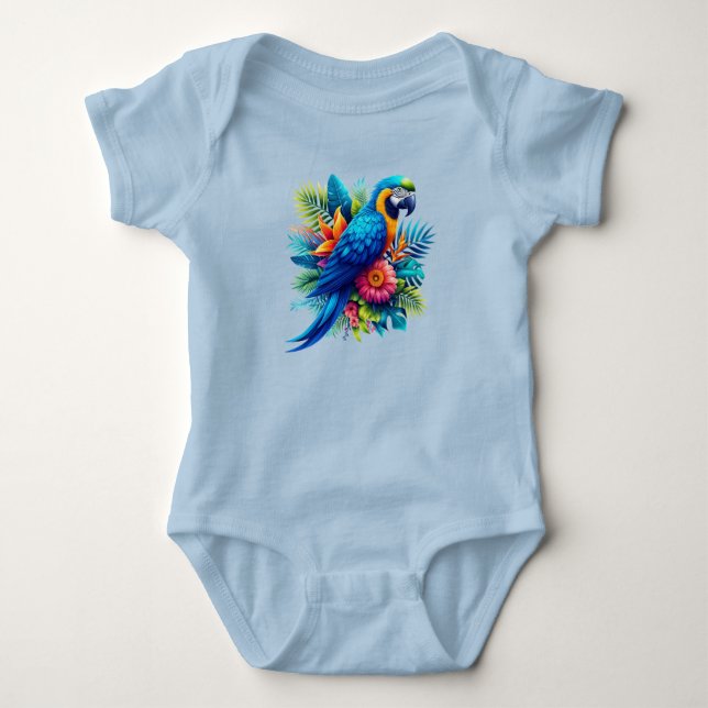 Colourful, blue tropical macaw  baby bodysuit (Front)