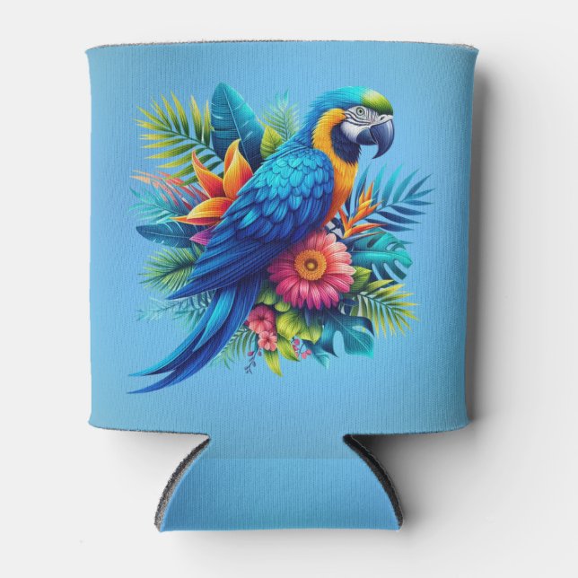 Colourful, blue tropical macaw  can cooler (Front)
