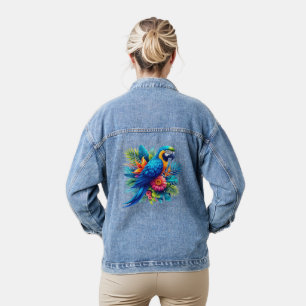 Colourful, blue tropical macaw denim jacket