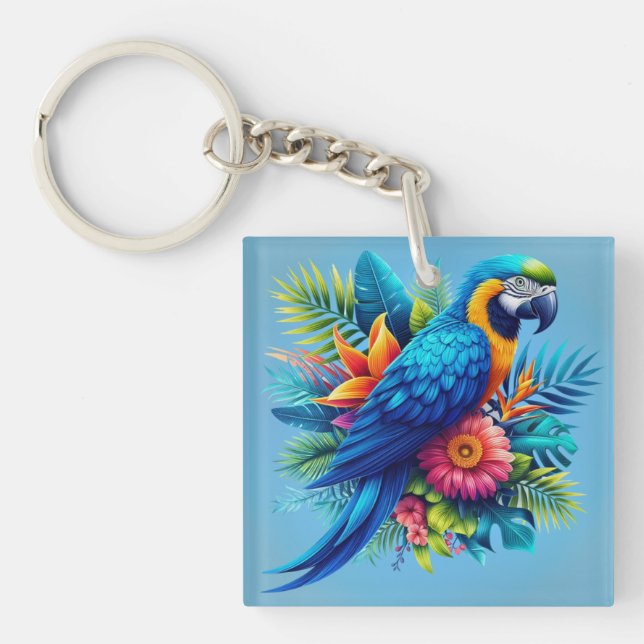 Colourful, blue tropical macaw  key ring (Front)