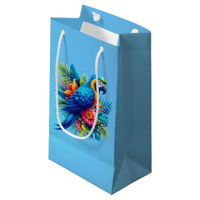 Colourful, blue tropical macaw  small gift bag (Front Angled)