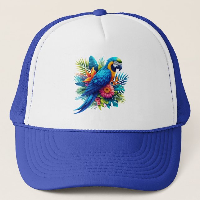 Colourful, blue tropical macaw  trucker hat (Front)