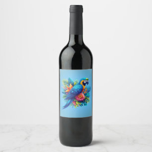 Colourful, blue tropical macaw wine label