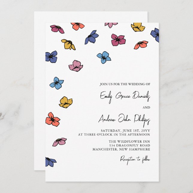 Colourful Blue Violet Flowers Wedding Invitation (Front/Back)