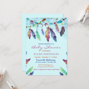Colourful Blue Watercolor Feathers Baby Shower  Invitation