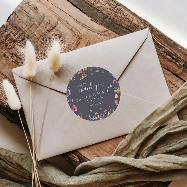 Colourful Blue Wild Floral Thank You Wedding Favou Classic Round Sticker (Creator Uploaded)