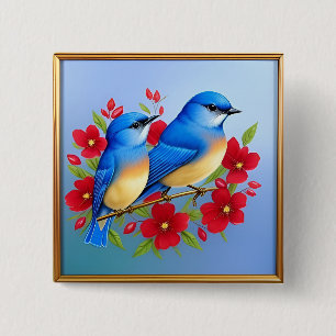 Colourful Bluebirds Perched Among Red Flowers 15 Cm Square Badge