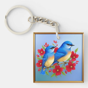 Colourful Bluebirds Perched Among Red Flowers Key Ring