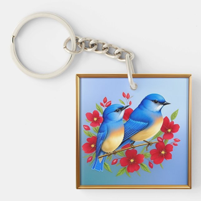 Colourful Bluebirds Perched Among Red Flowers Key Ring (Front)