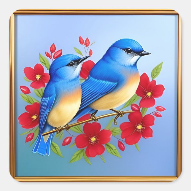 Colourful Bluebirds Perched Among Red Flowers Square Sticker (Front)
