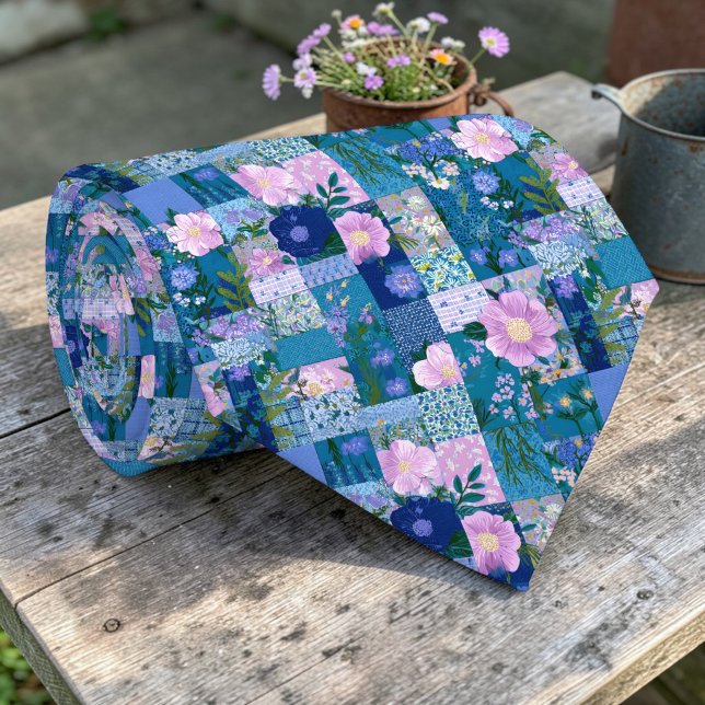 Colourful Blues Patchwork Pattern Custom Necktie (Creator Uploaded)