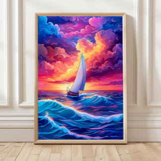 Colourful Boat Oil Painting Impasto Fishermen in Poster