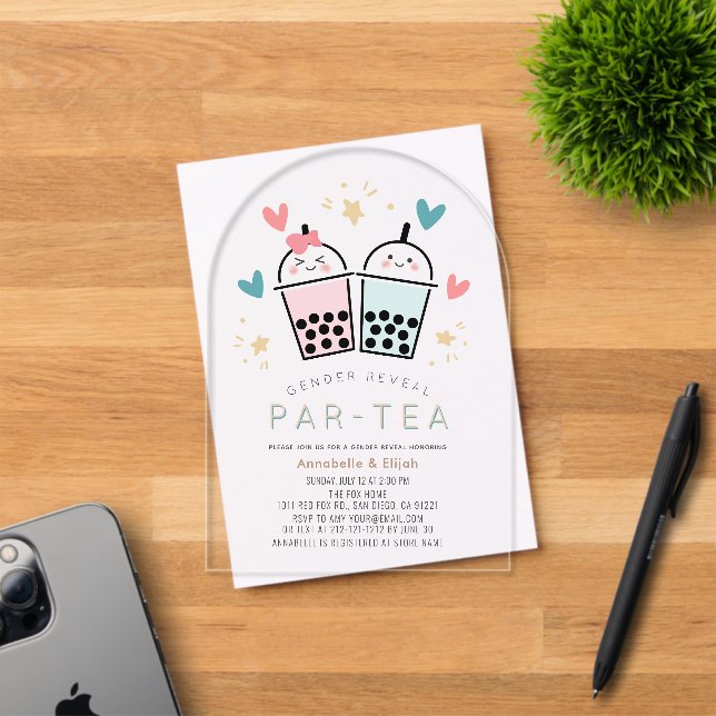Colourful Boba Bubble Tea Party Gender Reveal Acrylic Invitations (Insitu (Invitation Card))