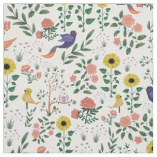 Colourful Bohemian Birds of Spring Floral Pattern Fabric