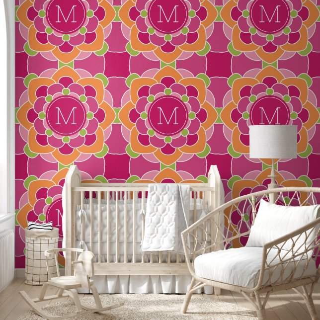 Colourful Bohemian Flower with Custom Monogram Wallpaper (Kids)