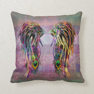 Colourful Bohemian Peacock Feather Angel Wings Cushion