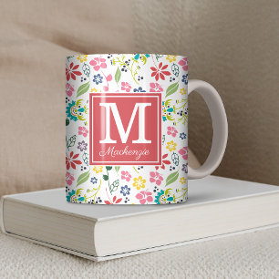 Colourful Bohemian Spring Flowers Coral Monogram Coffee Mug