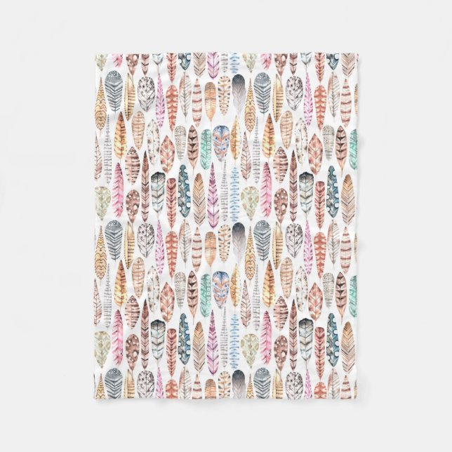 Colourful Bohemian Tribal Watercolor Feathers Fleece Blanket (Front)