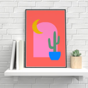 Colourful Boho Cactus Moon Shapes in Red and Pink Poster