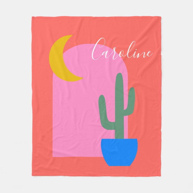 Colourful Boho Cactus Moon Shapes in Red Custom  Fleece Blanket (Front)
