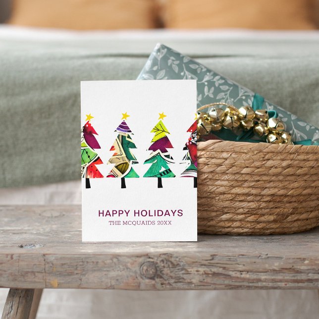 Colourful Boho Christmas Trees Happy Holidays Holiday Card (Creator Uploaded)