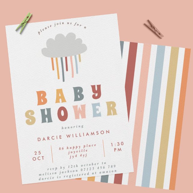 Colourful Boho Cloud Rainbow Raindrops Baby Shower Invitation (Creator Uploaded)