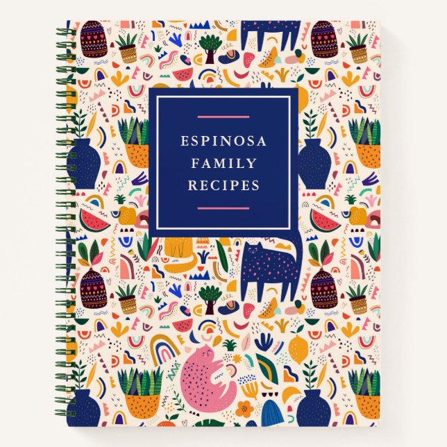 Colourful Boho Desert Cats Pattern Family Recipes Notebook (Front)