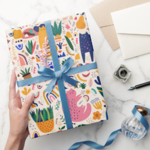  Colourful Boho Desert Cats Plants Pattern Wrapping Paper