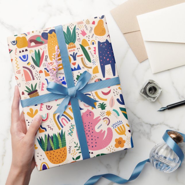  Colourful Boho Desert Cats Plants Pattern Wrapping Paper (Gifting)