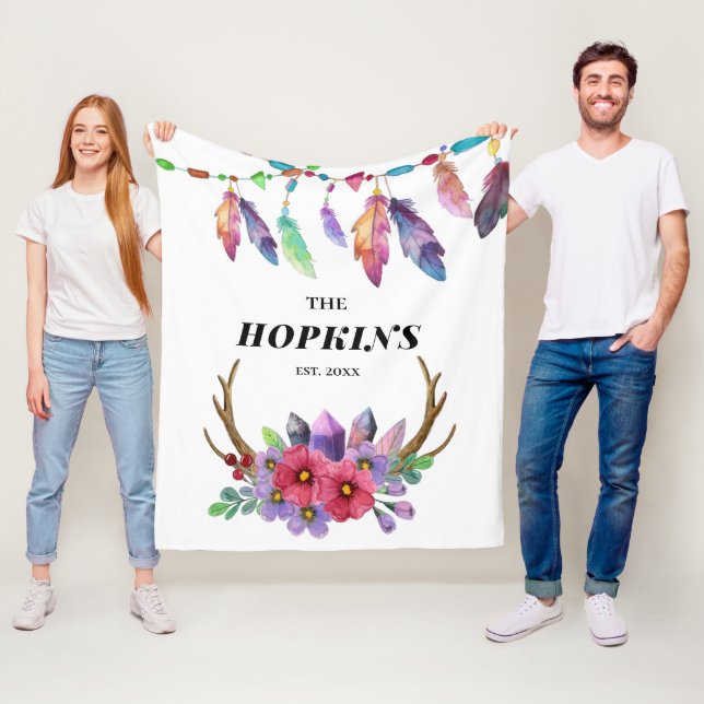 Colourful Boho Feathers and Flowers Custom Family Fleece Blanket (In Situ)