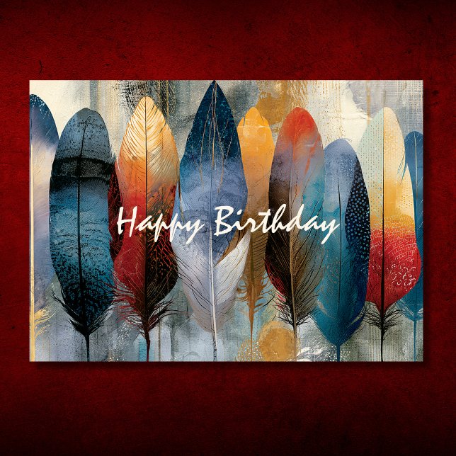 Colourful Boho Feathers Happy Birthday Card (Colorful Boho Feathers Happy Birthday Card Front)