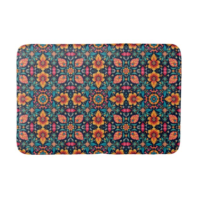 Colourful Boho Floral Pattern Elegant Symmetry Bath Mat (Front)