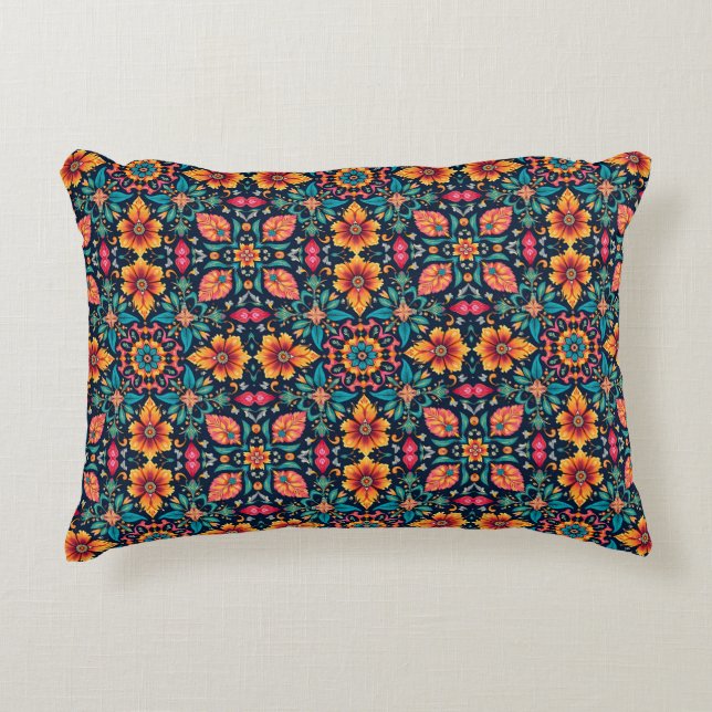 Colourful Boho Floral Pattern Elegant Symmetry Decorative Cushion (Front)
