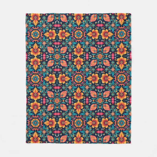 Colourful Boho Floral Pattern Elegant Symmetry Fleece Blanket (Front)