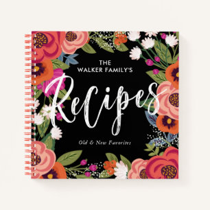 Colourful Boho Flowers Brush Script Recipes  Notebook