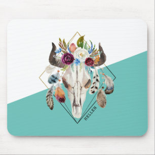 Colourful boho flowers geometric bull skull mouse pad