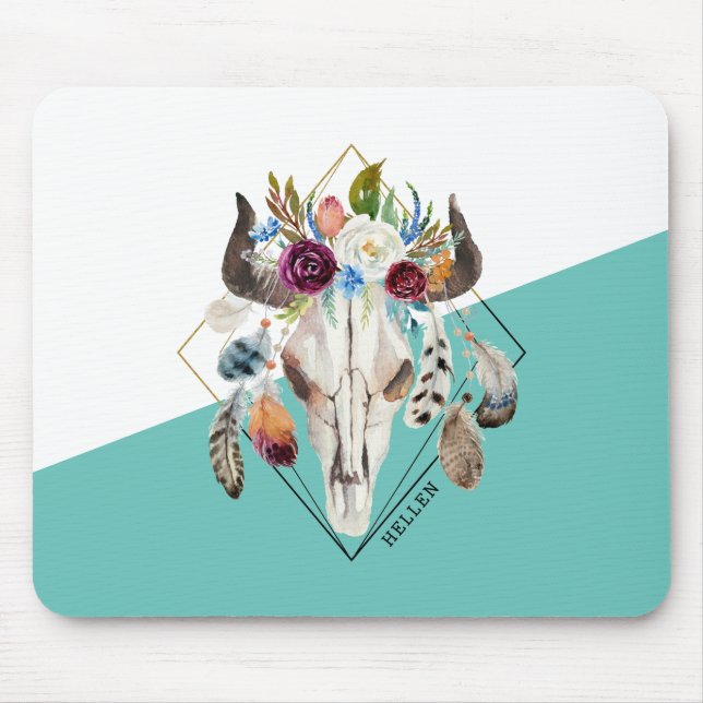 Colourful boho flowers geometric bull skull mouse pad (Front)