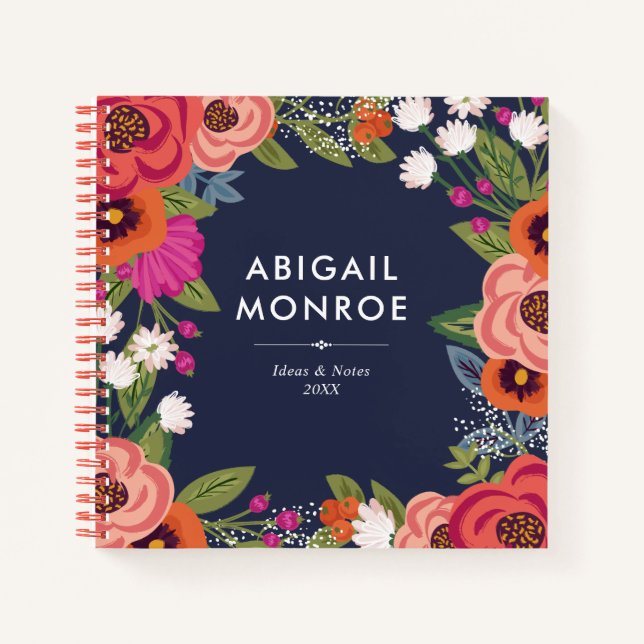 Colourful Boho Flowers - Navy Blue & Coral - Name Notebook (Front)
