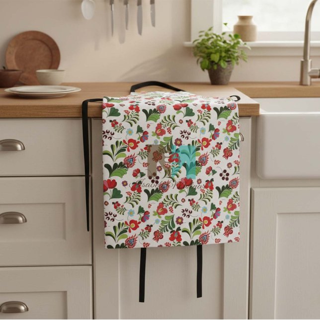 Colourful Boho Hungarian Folk Floral Desig Gift Apron (Boho-Floral-Cottage-Style-farmhouse-hungarian-matyo- folk-apron-gift-idea)