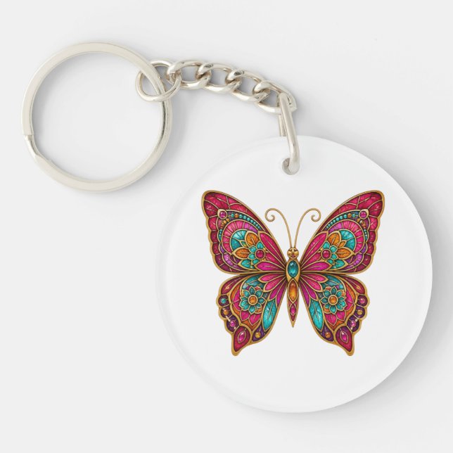 Colourful Boho Mandala Butterfly Acrylic Keychain (Front)