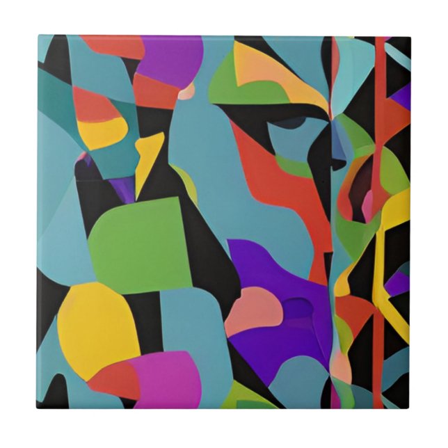 Colourful boho modern abstract art blue red patter tile (Front)