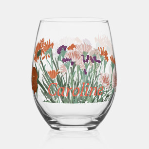 Colourful Boho Pretty Spring Flowers +Custom Name Stemless Wine Glass