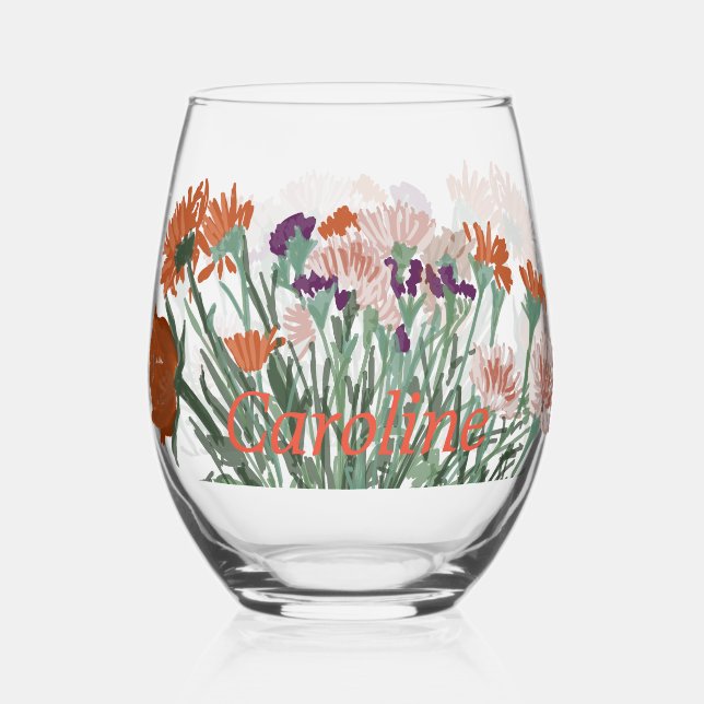 Colourful Boho Pretty Spring Flowers +Custom Name Stemless Wine Glass (Front)