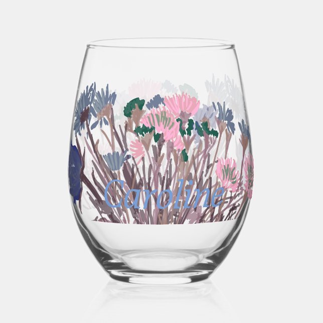 Colourful Boho Pretty Spring Flowers +Custom Name Stemless Wine Glass (Front)