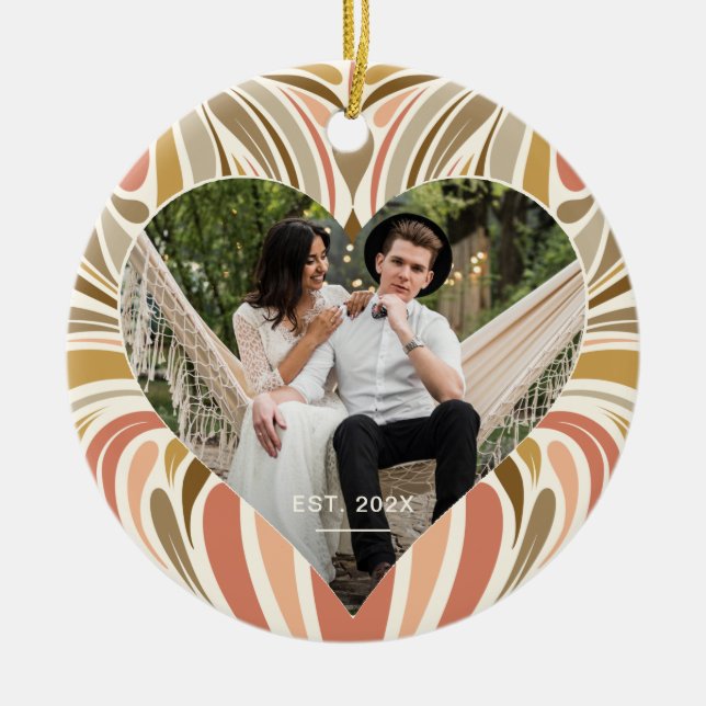 Colourful Boho Print Heart Photo and Wedding Year Ceramic Tree Decoration (Front)
