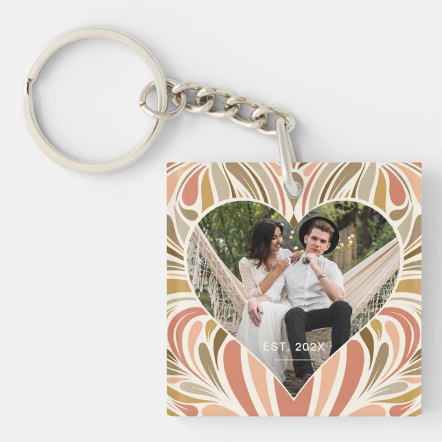Colourful Boho Print Heart Photo Key Ring (Front)