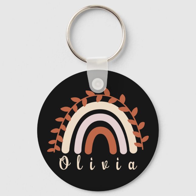 Colourful Boho Rainbow with a Personalised Name Key Ring (Front)