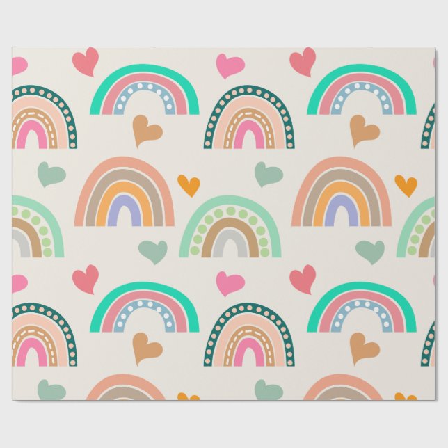 Colourful Boho Rainbows and Hearts Pattern Wrapping Paper (Flat)