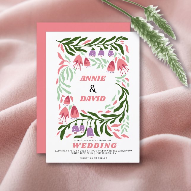 Colourful boho retro branches and flowers wedding invitation (Creator Uploaded)